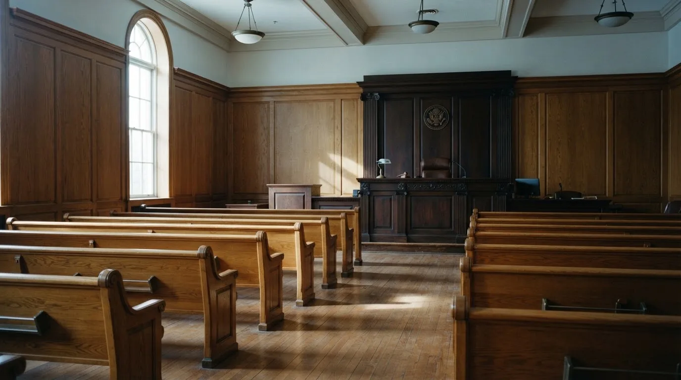 Sala de tribunal vazia com painéis de madeira, à luz da manhã — 1 euro casino em portugal