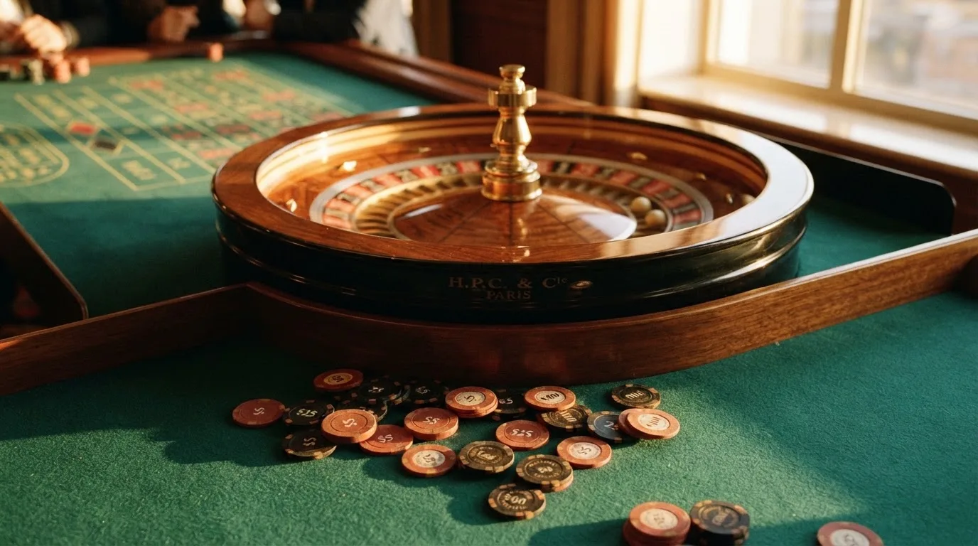 Roda de roleta e fichas sobre feltro verde, sob uma luz quente de fim de tarde — 1 euro casino em portugal