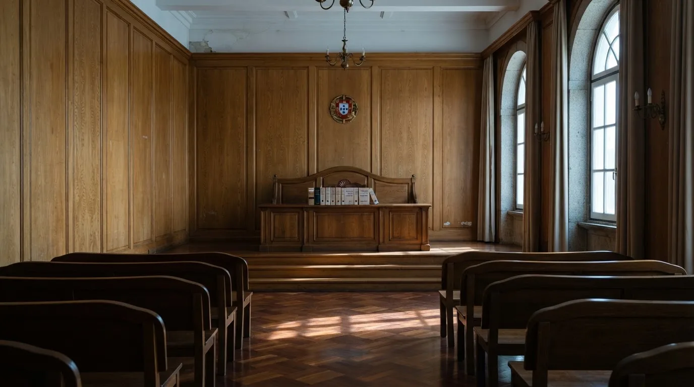 Sala de tribunal vazia com painéis de madeira, à luz da manhã — 10 euro casino em portugal
