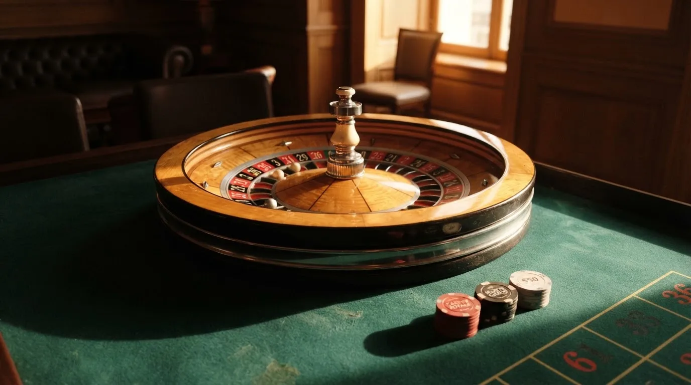 Roda de roleta e fichas sobre feltro verde, sob uma luz quente de fim de tarde — 10 euro casino em portugal