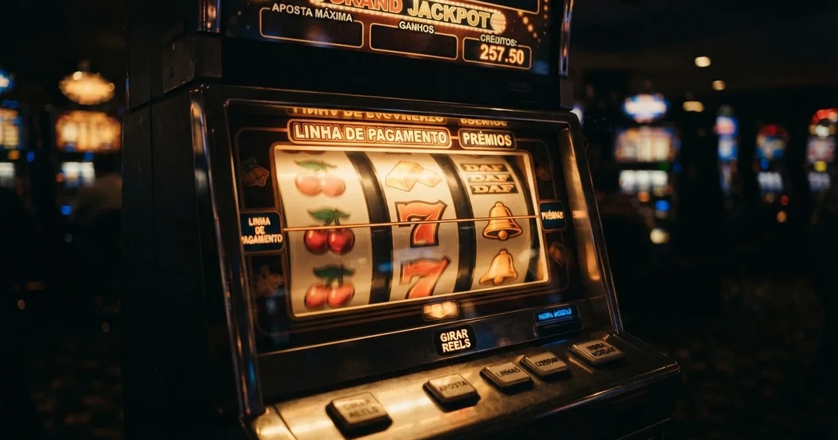 Rolos luminosos de uma slot machine numa sala escura, em grande plano — 10 euro casino em portugal
