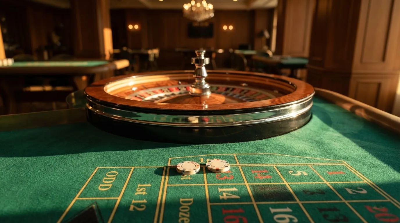 Roda de roleta e fichas sobre feltro verde, sob uma luz quente de fim de tarde — 20 euro casino em portugal