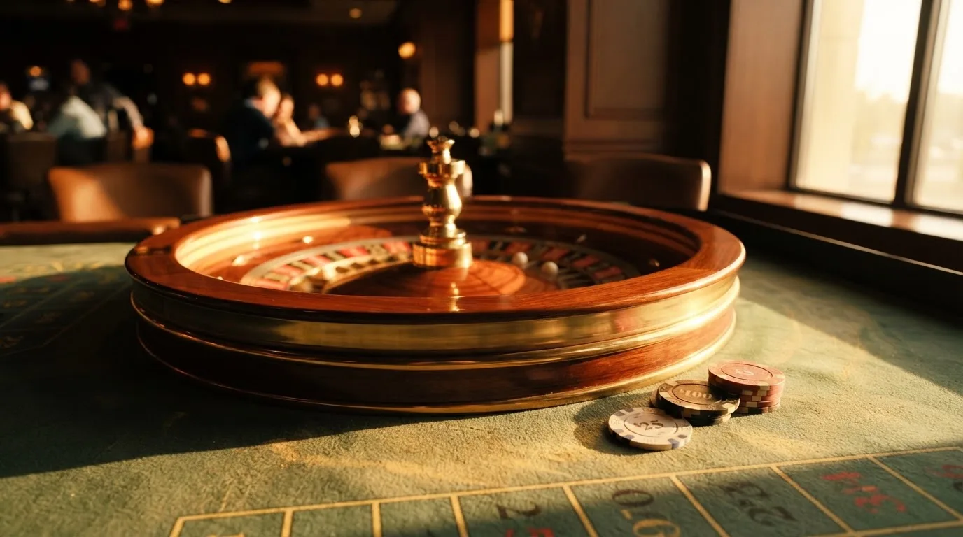 Roda de roleta e fichas sobre feltro verde, sob uma luz quente de fim de tarde — 5 euro casino em portugal