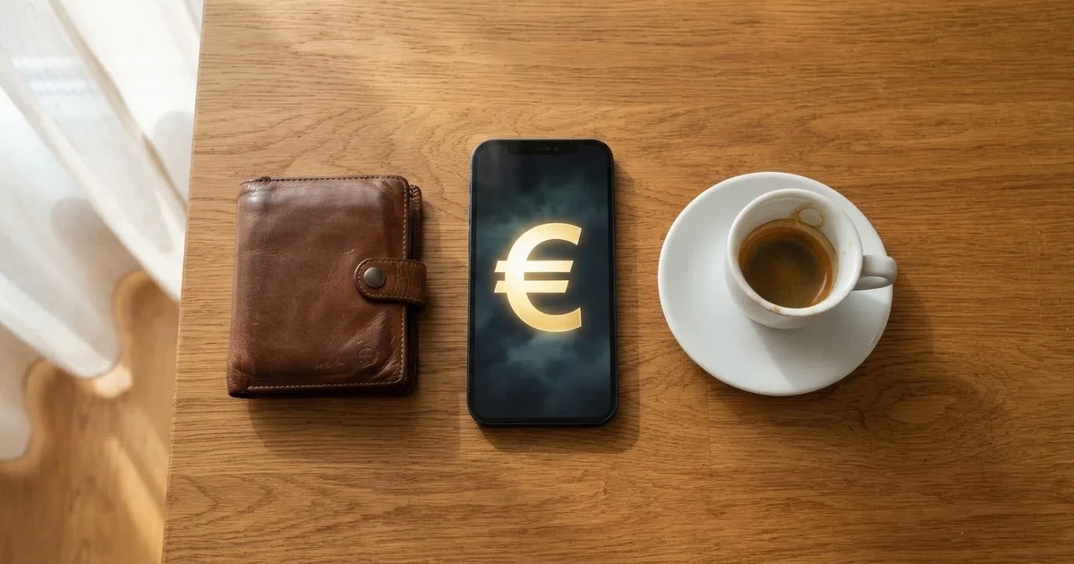 Telemóvel numa mesa de madeira ao lado de uma carteira e de uma chávena de café — 5 euro casino em portugal