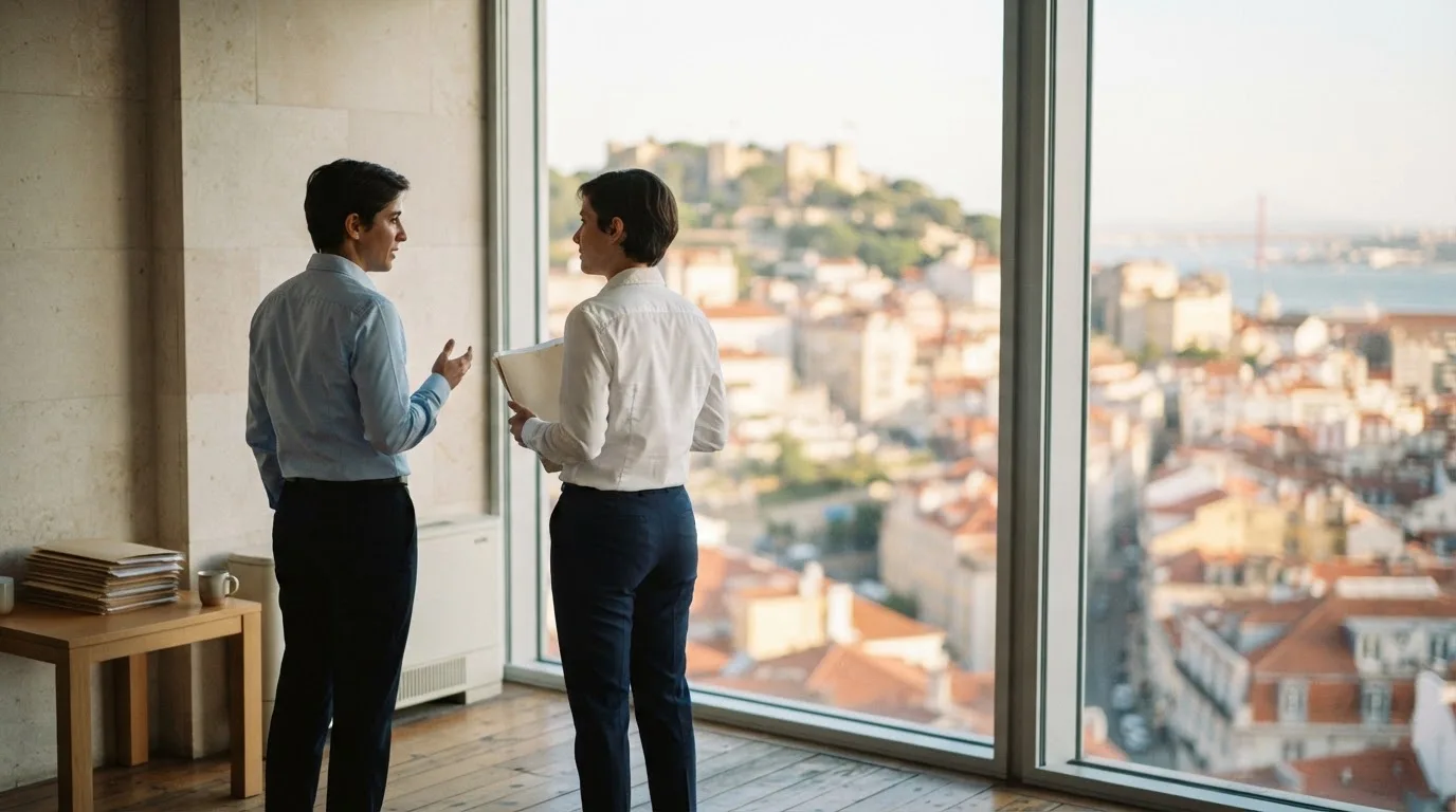 Duas pessoas de camisa a conversar junto a uma janela grande de um escritório público, com a cidade de Lisboa desfocada atrás.