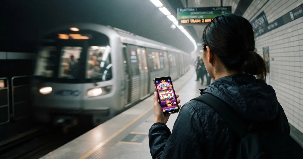 Pessoa de pé numa estação de metro a usar um telemóvel com a mão direita, com carruagem desfocada e luz fria ao fundo.