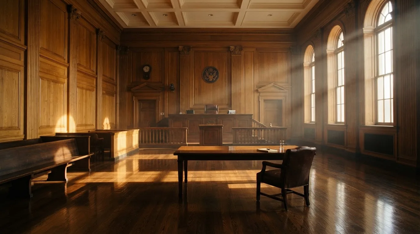 Sala de tribunal vazia com painéis de madeira, à luz da manhã — blackjack ao vivo em portugal