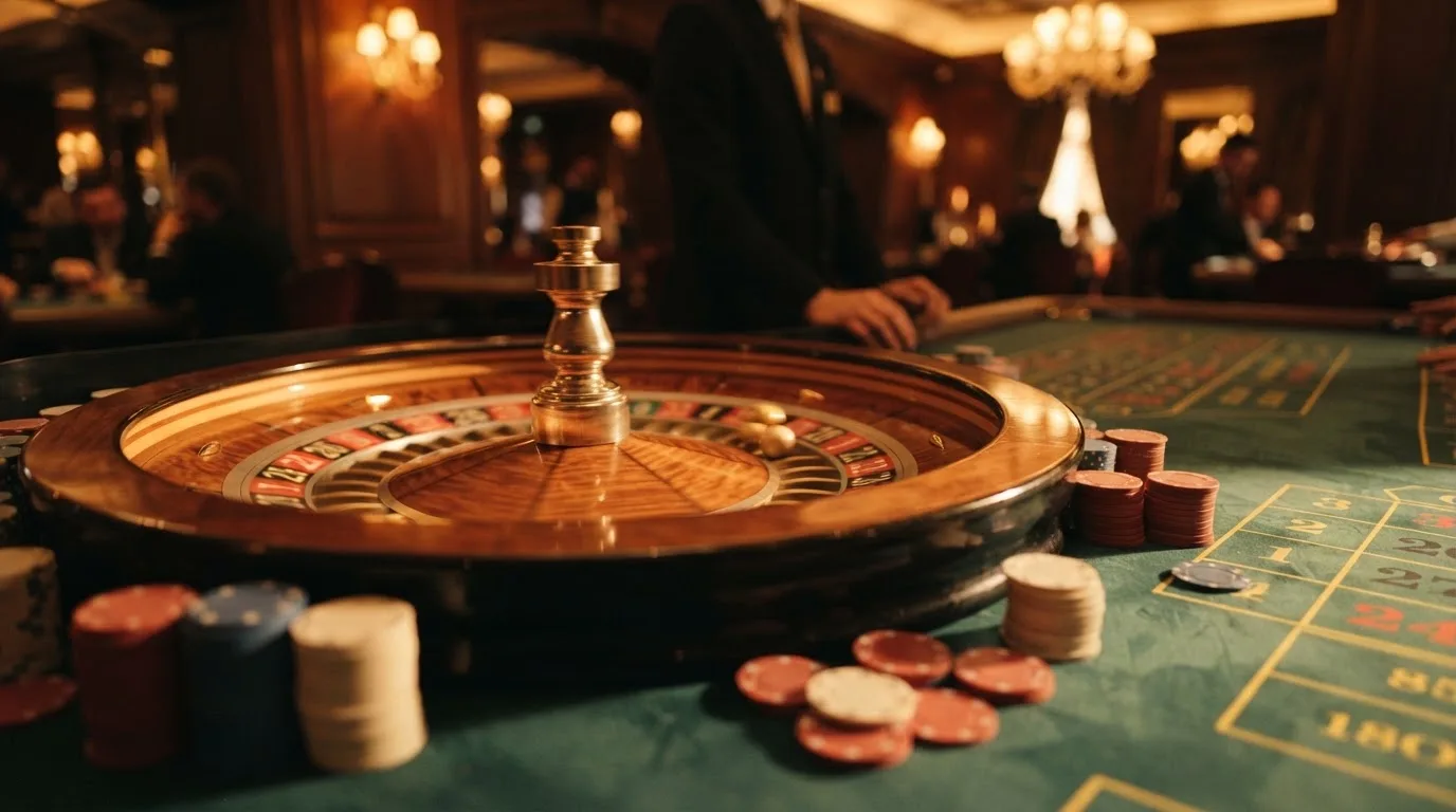 Roda de roleta e fichas sobre feltro verde, sob uma luz quente de fim de tarde — blackjack casinos em portugal