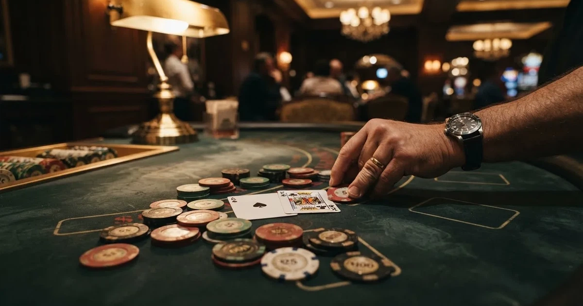 Mesa de jogo iluminada com cartas, vista de cima — blackjack casinos em portugal