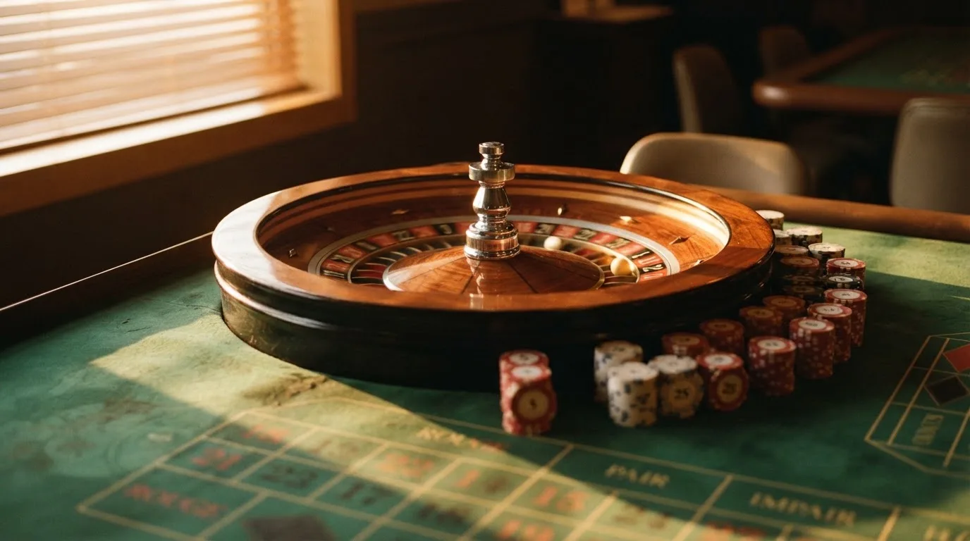 Roda de roleta e fichas sobre feltro verde, sob uma luz quente de fim de tarde — blackjack online casino em portugal