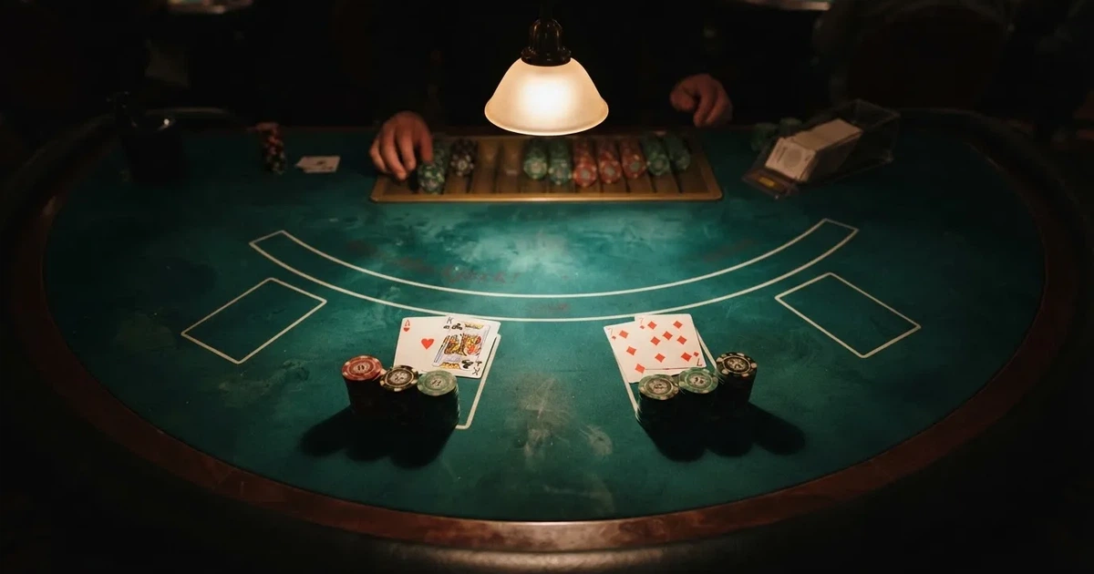 Mesa de jogo iluminada com cartas, vista de cima — blackjack online casino em portugal