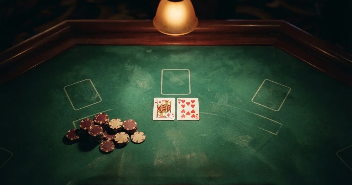 Mesa de jogo iluminada com cartas, vista de cima — blackjack regras para portugueses