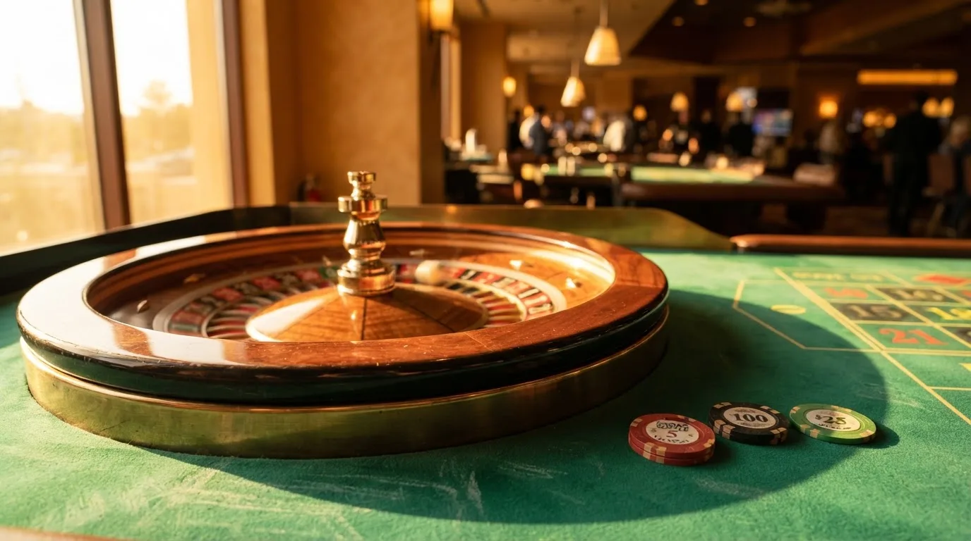 Roda de roleta e fichas sobre feltro verde, sob uma luz quente de fim de tarde — caça-níqueis em casinos portugueses