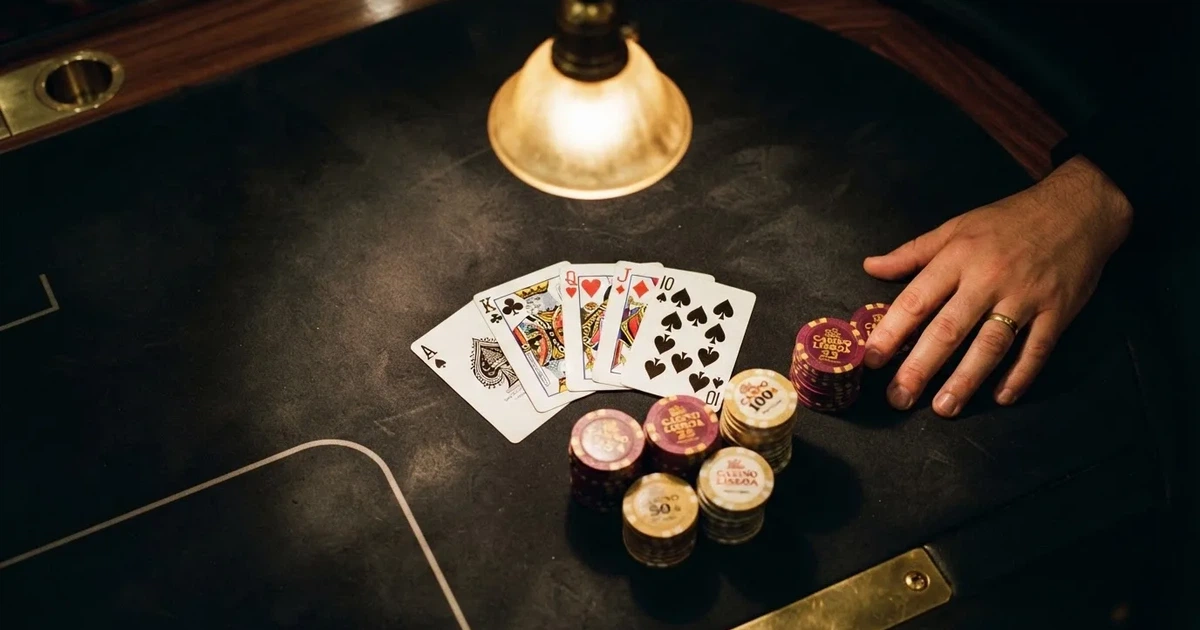 Mesa de jogo iluminada com cartas, vista de cima — caça-níqueis grátis em portugal