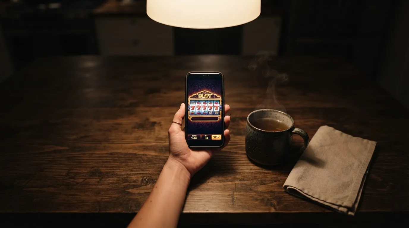 Mão a segurar um telemóvel ao lado de uma chávena de chá numa mesa de cozinha, numa noite tranquila — casino apostas em portugal
