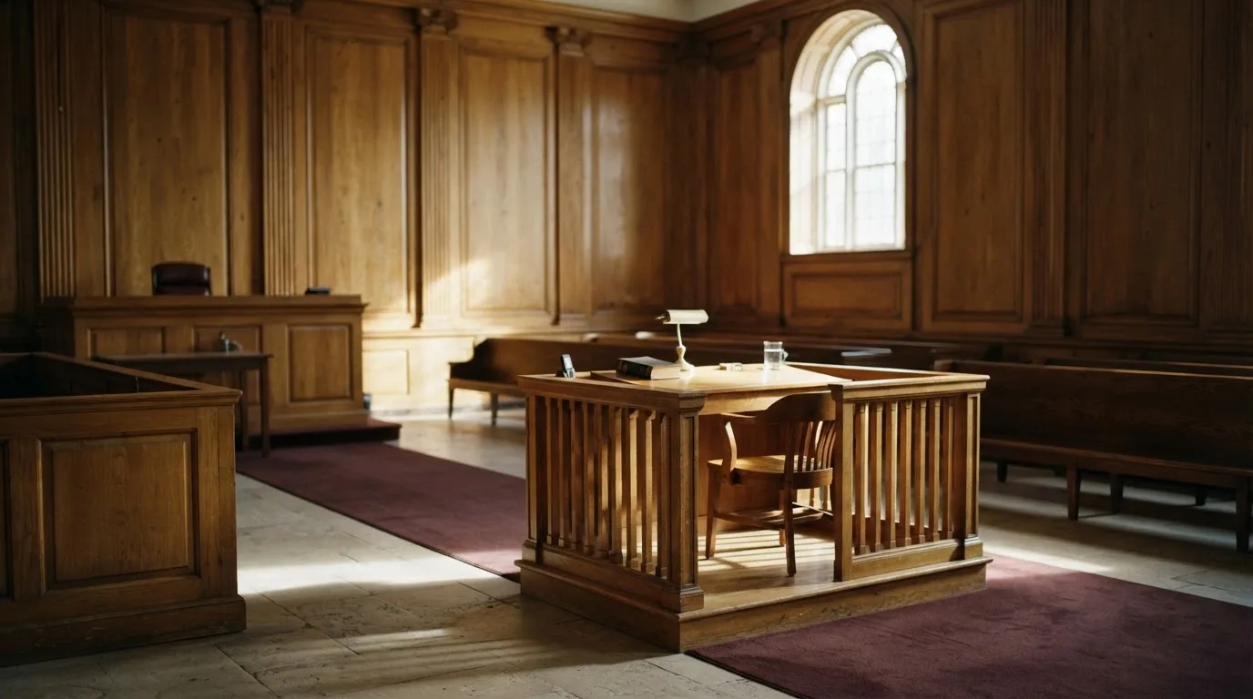 Sala de tribunal vazia com painéis de madeira, à luz da manhã — casino apostas em portugal
