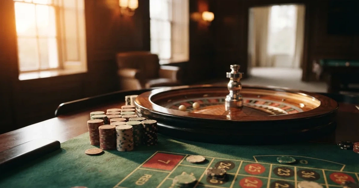 Roda de roleta e fichas sobre feltro verde, sob uma luz quente de fim de tarde — casino apostas em portugal