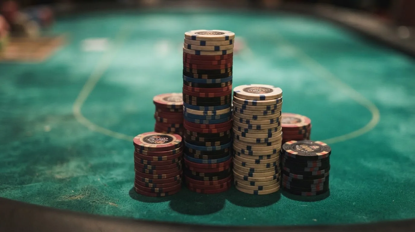 Fichas de casino empilhadas em torres de alturas diferentes sobre feltro verde, plano próximo com luz suave.