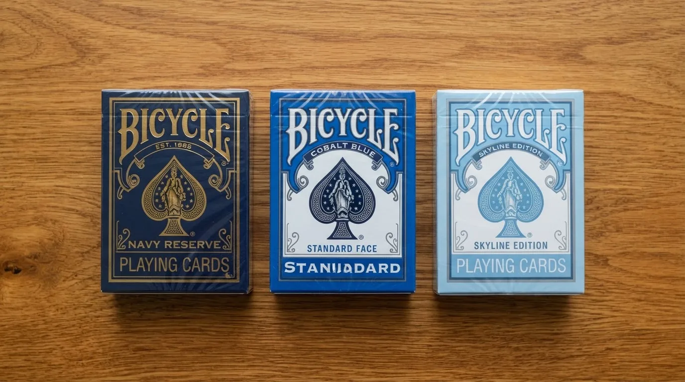 Três baralhos de cartas fechados, dispostos lado a lado em tons diferentes de azul, vistos de cima sobre uma mesa de madeira.