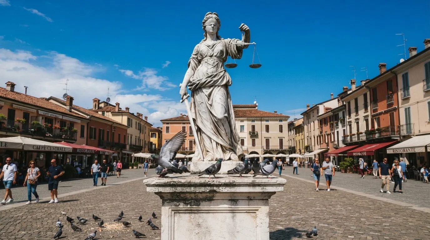 Estátua de mármore de uma figura feminina com balança numa praça, céu azul e pombos no pedestal.