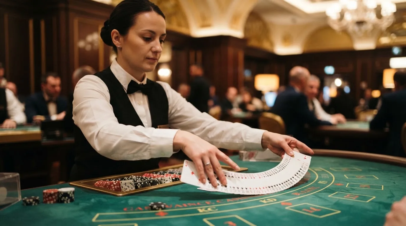 Croupier de gravata a baralhar cartas com destreza, vista lateral, fundo desfocado de um salão de casino em Portugal.