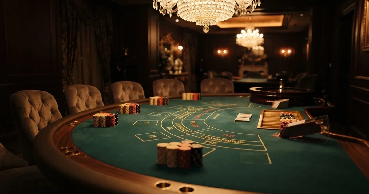 Mesa semicircular de bacará num casino elegante, com feltro verde e lugares vazios, iluminação dourada e fichas arrumadas por cores.