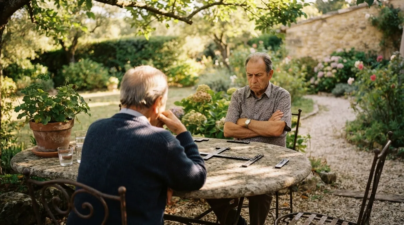 Dois jogadores sentados frente a frente numa mesa de dominó num jardim, a pensar na jogada, luz de tarde.