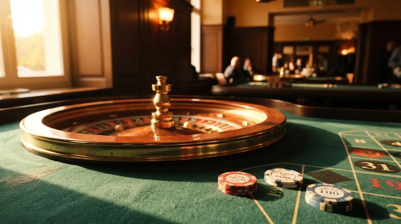 Roda de roleta e fichas sobre feltro verde, sob uma luz quente de fim de tarde — casino com bingo em portugal