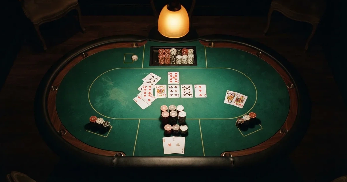 Mesa de jogo iluminada com cartas, vista de cima — casino com bingo em portugal