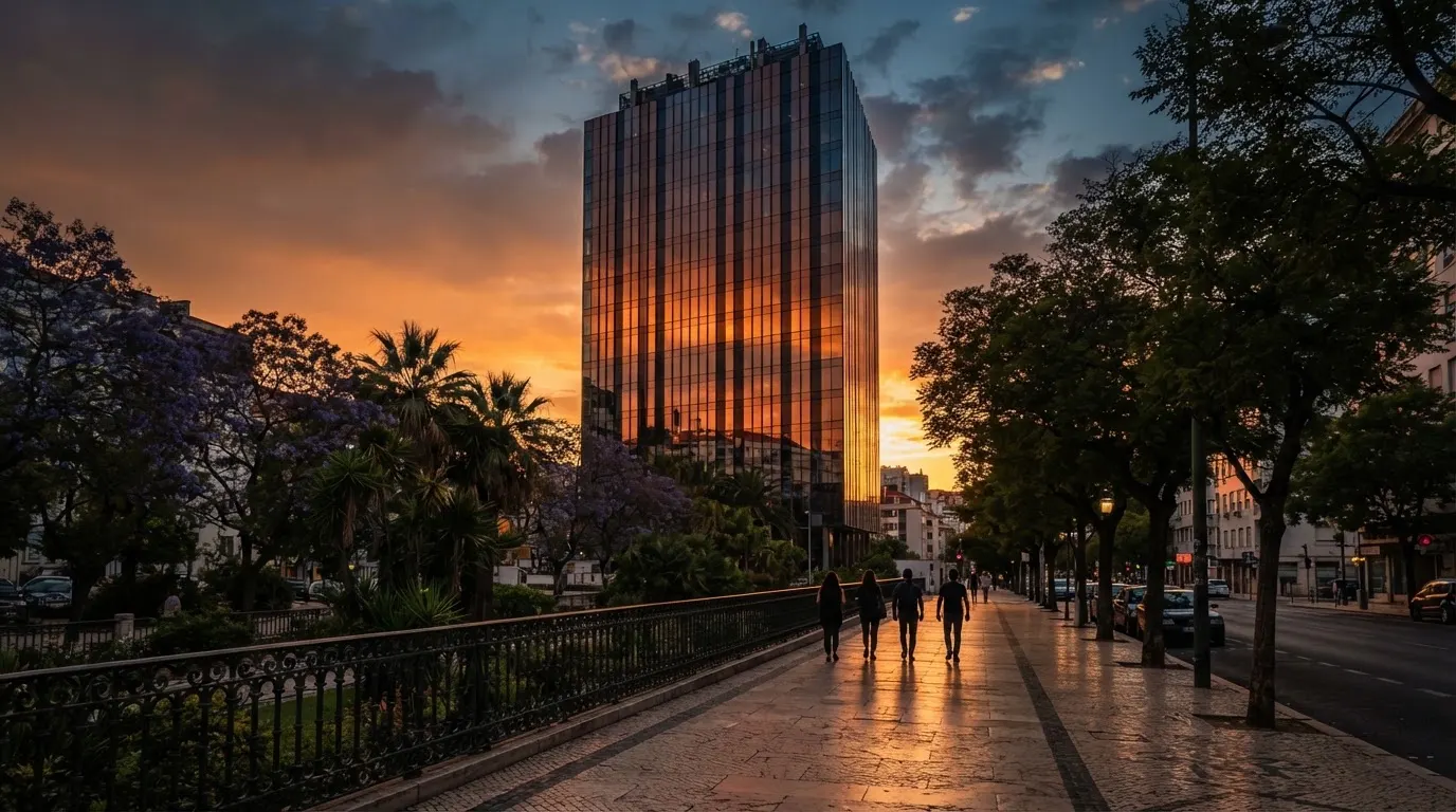 Edifício de escritórios com fachada de vidro ao entardecer, reflexo do céu cor-de-laranja e uma rua tranquila em primeiro plano.