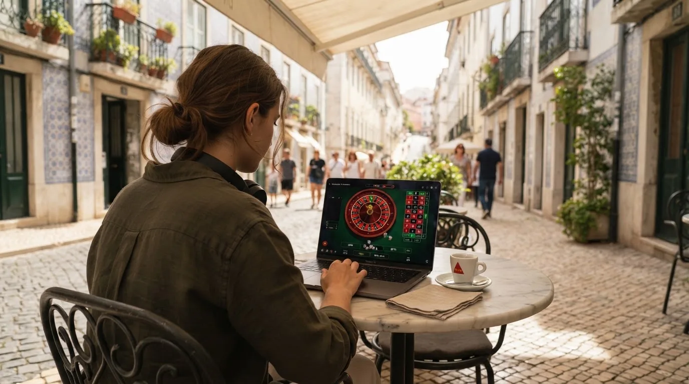 Jovem a trabalhar num café com portátil e auscultadores ao pescoço, esplanada de Lisboa ao fundo, luz suave.