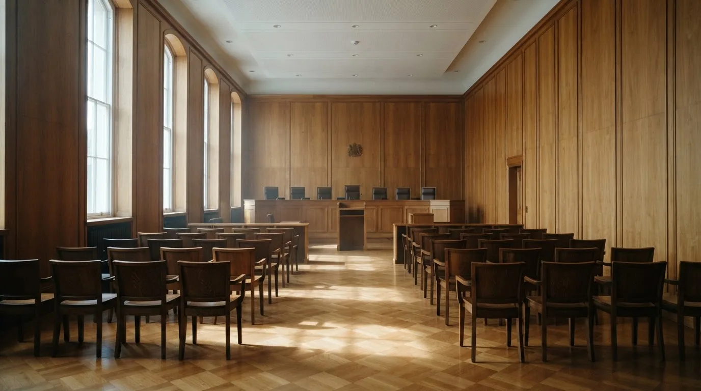 Sala de tribunal vazia com painéis de madeira, à luz da manhã — casino com bônus no cadastro pt