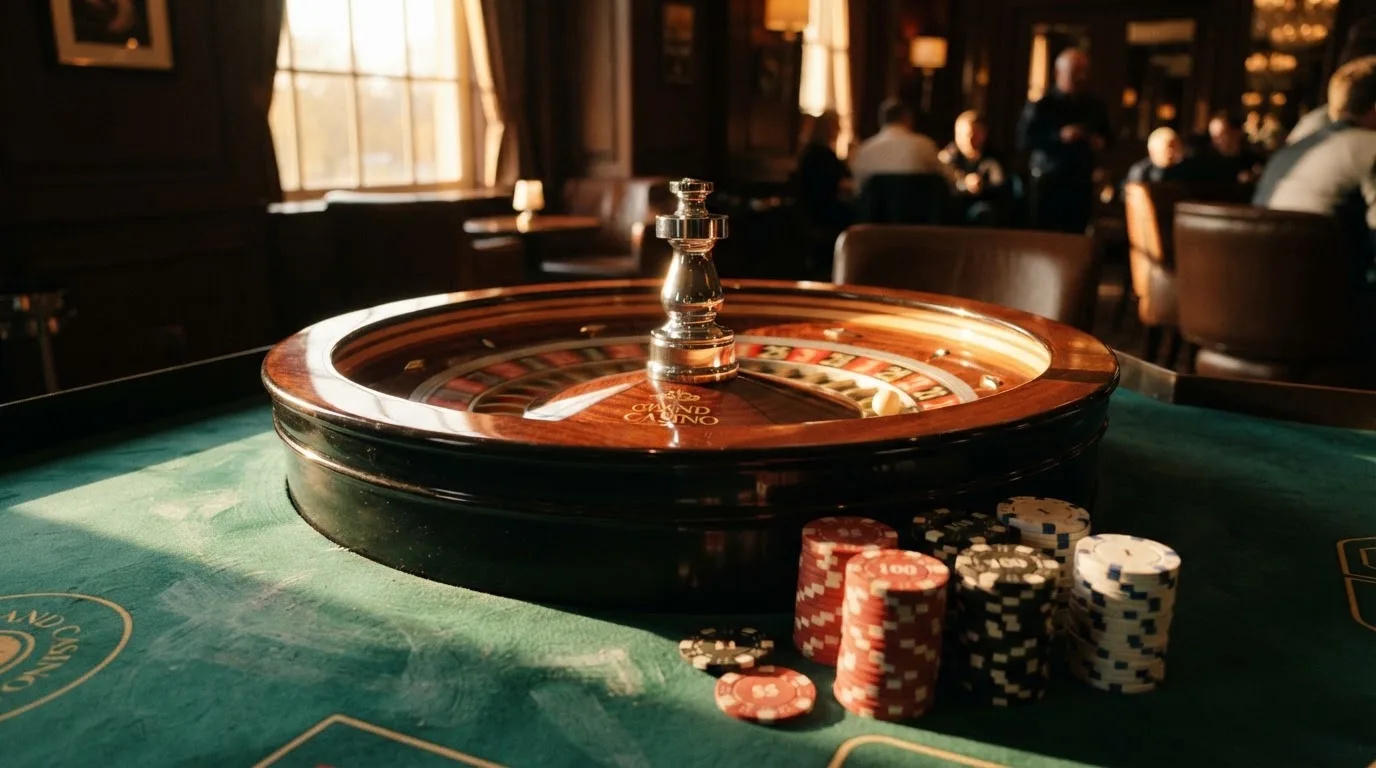 Roda de roleta e fichas sobre feltro verde, sob uma luz quente de fim de tarde — casino com bônus no cadastro pt