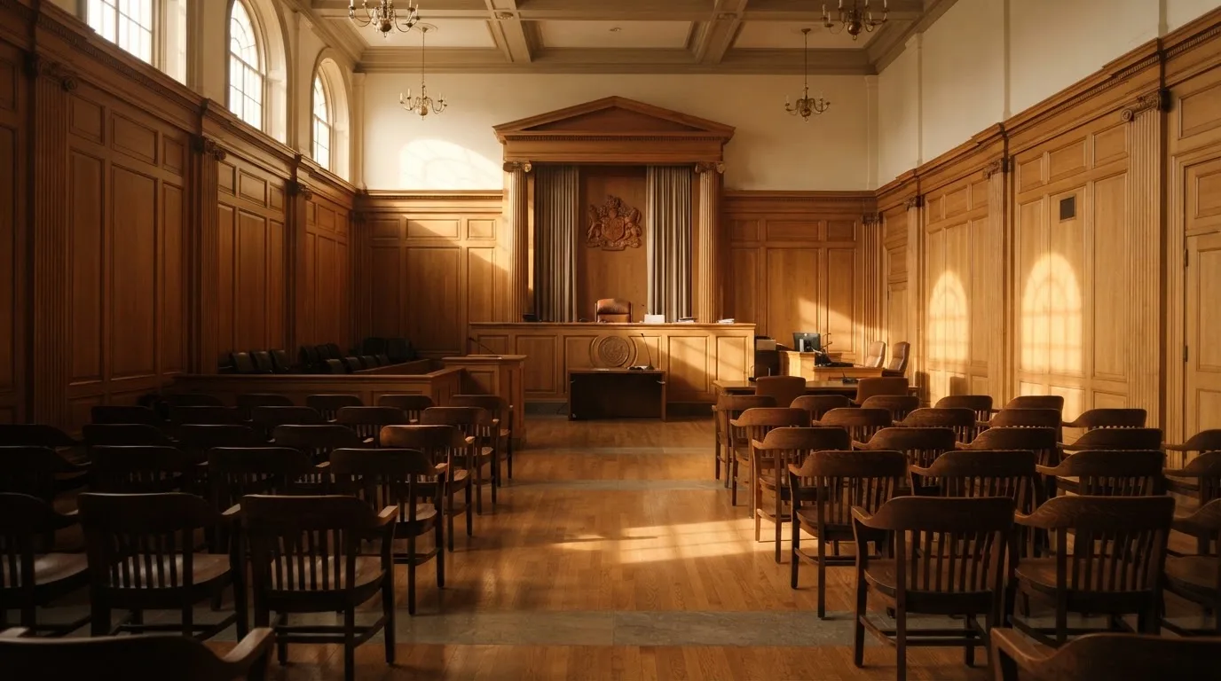 Sala de tribunal vazia com painéis de madeira, à luz da manhã — casino com dinheiro em portugal