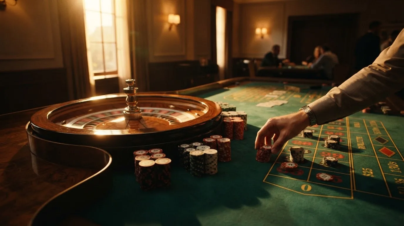 Roda de roleta e fichas sobre feltro verde, sob uma luz quente de fim de tarde — casino com dinheiro em portugal