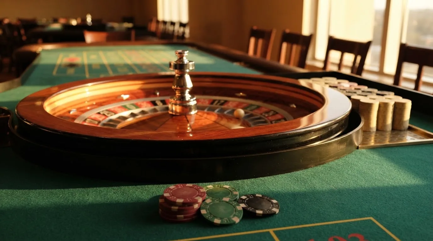 Roda de roleta e fichas sobre feltro verde, sob uma luz quente de fim de tarde — casino com ethereum em portugal