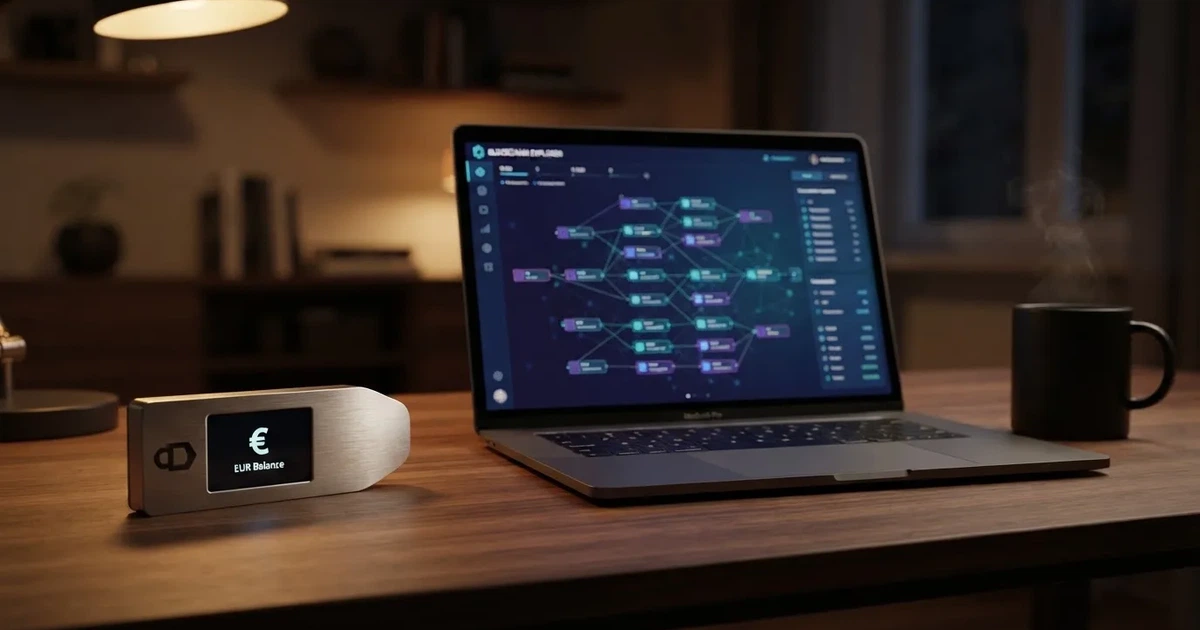 Carteira de hardware e computador portátil numa secretária, com luz suave — casino com ethereum em portugal