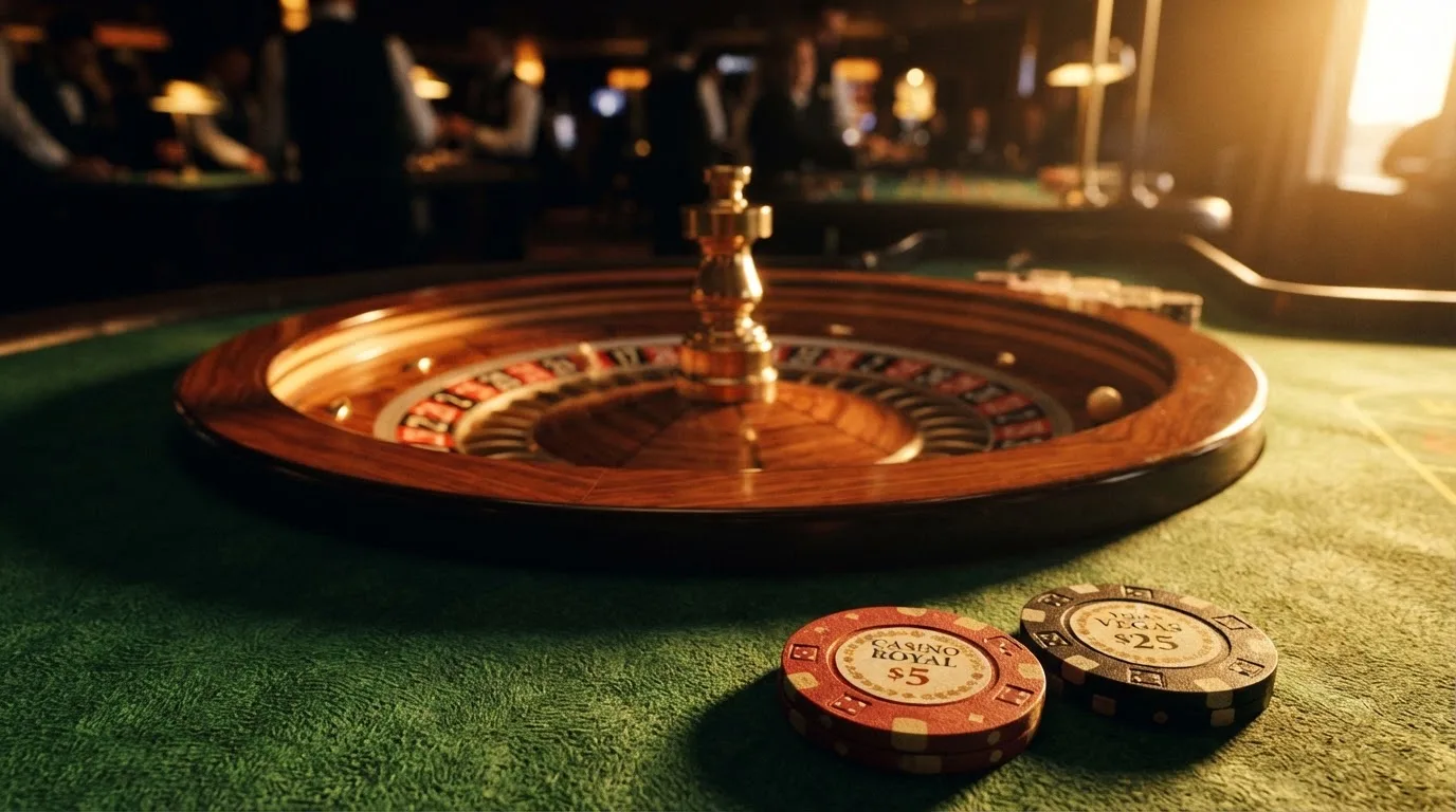 Roda de roleta e fichas sobre feltro verde, sob uma luz quente de fim de tarde — casino com free spins em portugal