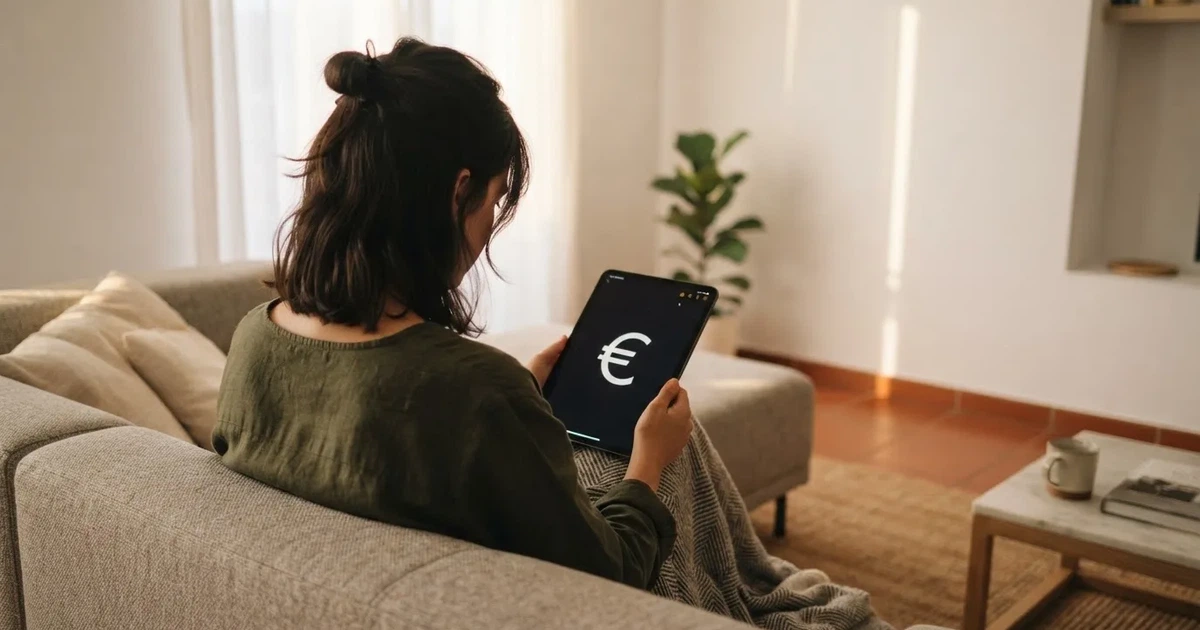 Pessoa num sofá a olhar pensativa para um tablet, com um relógio na parede atrás — casino com free spins em portugal