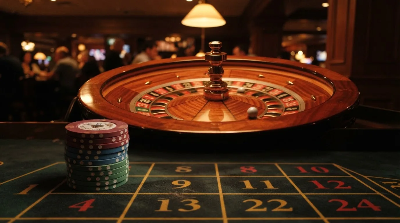 Roda de roleta e fichas sobre feltro verde, sob uma luz quente de fim de tarde — casino com grátis spins pt