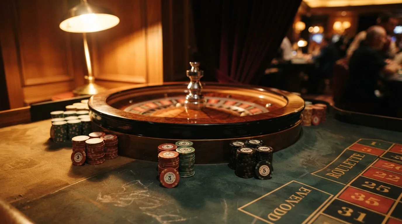 Roda de roleta e fichas sobre feltro verde, sob uma luz quente de fim de tarde — casino com levantamento pt