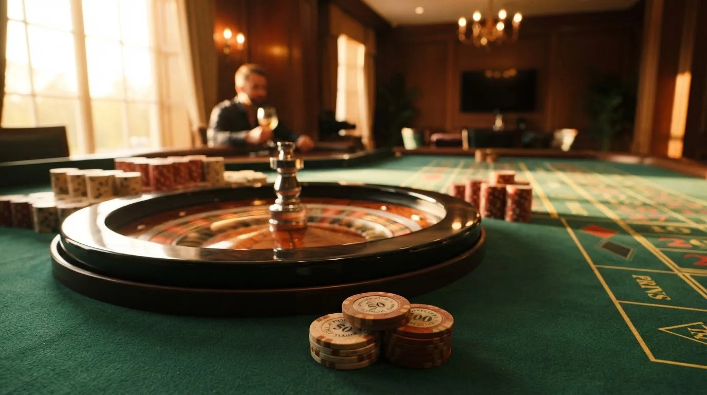 Roda de roleta e fichas sobre feltro verde, sob uma luz quente de fim de tarde — casino com litecoin em portugal