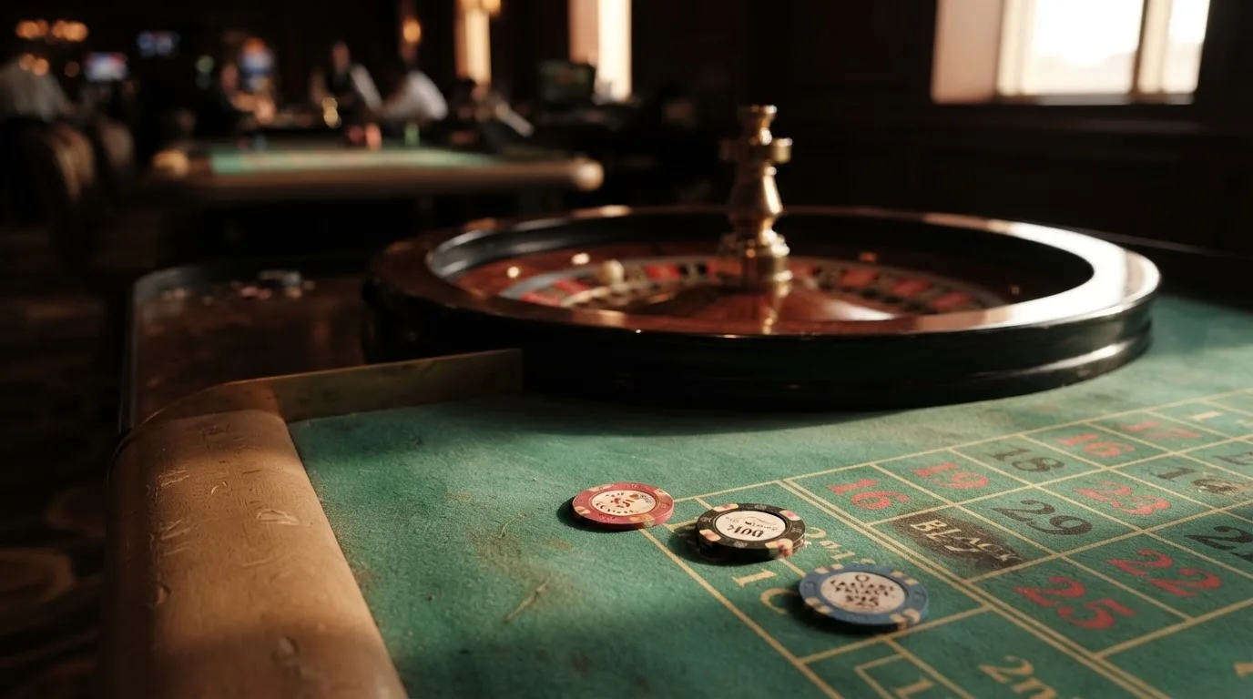 Roda de roleta e fichas sobre feltro verde, sob uma luz quente de fim de tarde — casino com solana em portugal