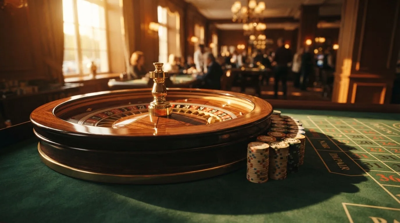 Roda de roleta e fichas sobre feltro verde, sob uma luz quente de fim de tarde — casino é confiável em portugal