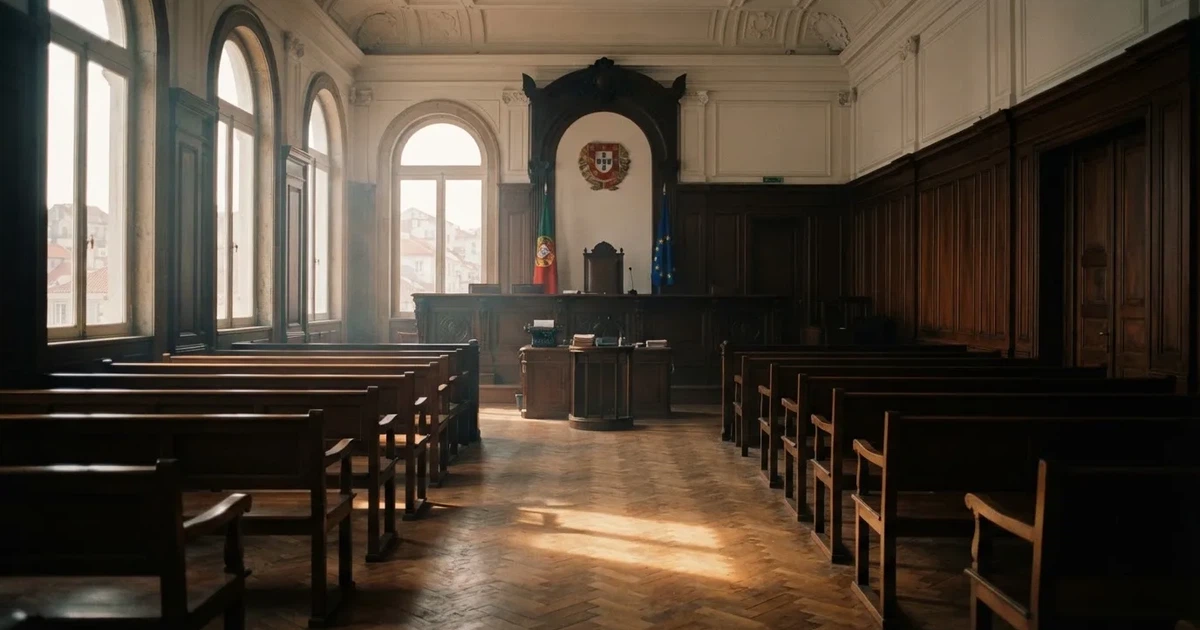 Sala de tribunal vazia com painéis de madeira, à luz da manhã — casino é confiável em portugal