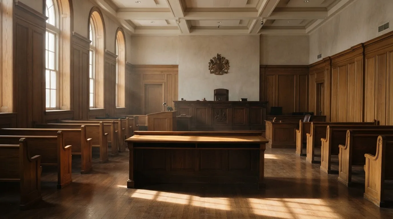 Sala de tribunal vazia com painéis de madeira, à luz da manhã — casino pagamentos em portugal