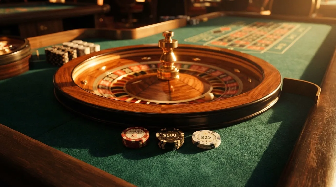 Roda de roleta e fichas sobre feltro verde, sob uma luz quente de fim de tarde — casino pagamentos em portugal