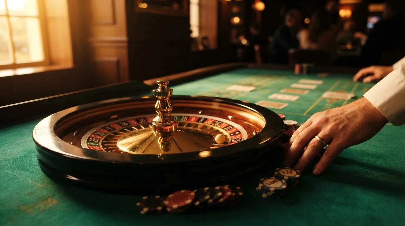 Roda de roleta e fichas sobre feltro verde, sob uma luz quente de fim de tarde — casino slots portugues