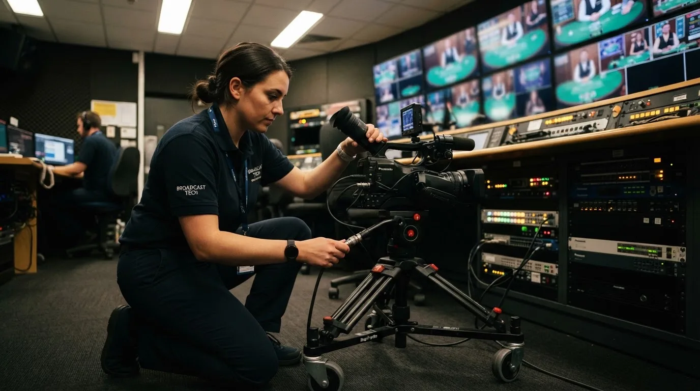 Técnico de uniforme escuro a verificar câmaras e equipamento numa sala de controlo de um estúdio de televisão, com vários monitores desfocados.