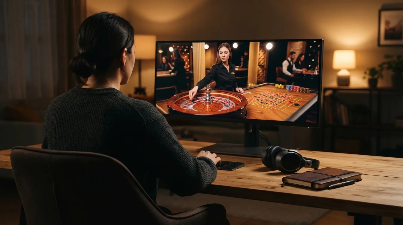 Pessoa sentada à secretária a ver um estúdio de casino em direto num monitor largo, com auscultadores e um caderno fechado ao lado.